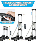 Small Folding Hand Truck Dolly with 2 Wheels, showing telescoping height adjustment and push button handle