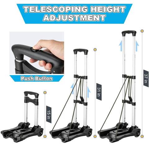Small Folding Hand Truck Dolly with 2 Wheels, showing telescoping height adjustment and push button handle