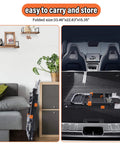 Upgraded 3 in 1 Folding Hand Truck stored in a car trunk and beside furniture, highlighting compactness for easy storage.