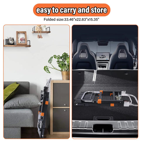Upgraded 3 in 1 Folding Hand Truck stored in a car trunk and beside furniture, highlighting compactness for easy storage.