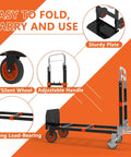 3 in 1 Heavy Duty Folding Hand Truck showing adjustable handle, sturdy plate, and 360° silent wheel, 500 LBS capacity