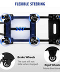 Bottom view of 600 LBS Folding Hand Truck with 6 Wheels(2 with Brake), showing swivel and rigid wheels for flexible steering.