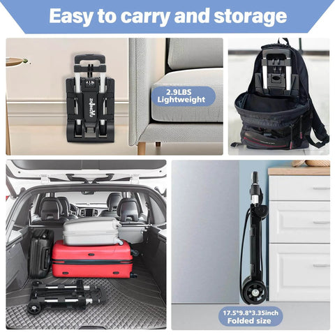 Folding Hand Truck Aluminum Trolley folded and stored in backpack and car trunk, lightweight 2.9 lbs, collapsible 2 wheel luggage trolley.