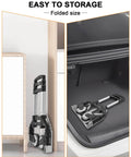 Folding Hand Truck, Dolly Cart with Wheels Foldable stored upright beside a cabinet and in a car trunk, showing lightweight design.