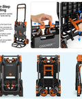 330LB Folding Hand Truck Heavy Duty Carrying, black and orange dolly cart with convertible wheels and retractable handle for moving.