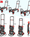 Dimensions and views of 330LB Folding Hand Truck Heavy Duty Carrying, four-wheeled convertible dolly cart with retractable handle.