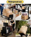 Collage of Upgraded 3 in 1 Folding Hand Truck, 600lbs Capacity, Heavy Duty Dolly in use at warehouse and outdoors, black