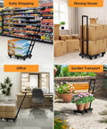 Folding heavy duty hand truck 500 lb luggage cart with 6 wheels and straps in various settings: shopping, moving, office, and garden.