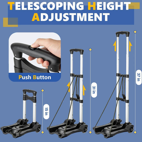 Adjustable telescoping handle of ✝️ Small Folding Hand Truck Dolly with 2 Wheels, Foldable Luggage Cart, showcasing different height settings.