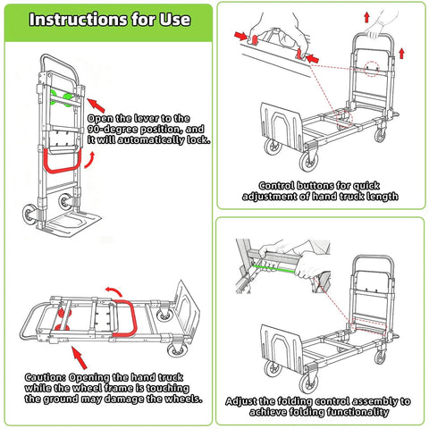 Instructions for using 3 In 1 Folding Hand Truck With Retractable Handle And Four Rubber Wheels Heavy Duty Collapsible Cart 600 Lbs