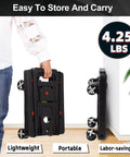 Person holding a black Folding Hand Truck Lightweight Hand Truck Dolly Foldable with 4 rotate wheels and adjustable handle, 4.25 lbs