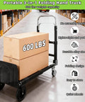 3 In 1 Folding Hand Truck With Retractable Handle And Four Rubber Wheels Heavy Duty Collapsible Cart 600 Lbs Capacity