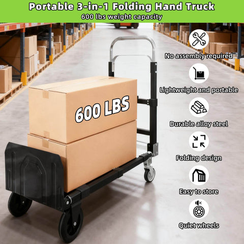 3 In 1 Folding Hand Truck With Retractable Handle And Four Rubber Wheels Heavy Duty Collapsible Cart 600 Lbs Capacity
