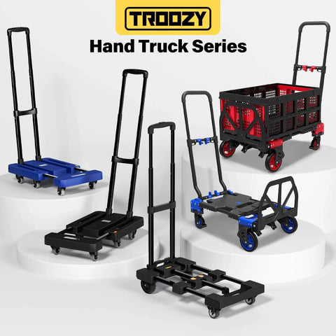 Folding Hand Truck 500 LB, Portable Heavy Duty Dolly Cart with 4 Wheels (2 with Brake) & Extendable 26" Plate displayed in various models