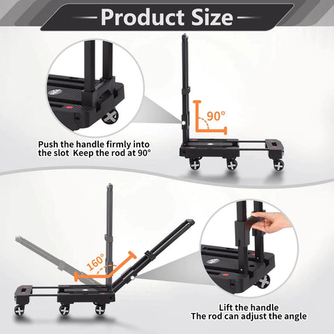 Adjustable height and angle illustration of Folding Hand Truck Lightweight Hand Truck Dolly Foldable, Luggage cart with 6 Rotate Wheels, Utility Cart with Adjustable Handle, Collapsible Dolly for Moving (Black).