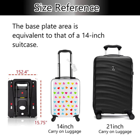 Folding Hand Truck size comparison with 14-inch and 21-inch luggage, showcasing compact design and collapsible dolly for moving (Black).
