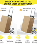 260 LBS Stair Climbing Cart, Aluminum Trolley Dolly for Stairs with cardboard boxes, showing weight capacity on ground and stairs.