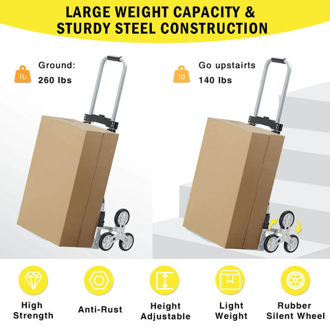 260 LBS Stair Climbing Cart, Aluminum Trolley Dolly for Stairs with cardboard boxes, showing weight capacity on ground and stairs.