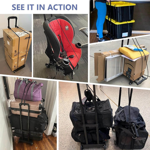 Collage of Foldable Luggage Cart for Travel & Moving, 290lbs Dolly Cart with Wheels carrying boxes, car seat, and luggage bags