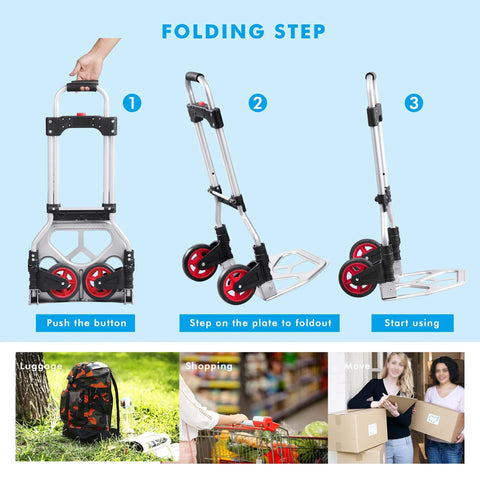 Folding steps of Dolly Cart Folding Hand Truck and Dolly, showing telescoping handle and nylon+rubber wheels, portable for various uses.