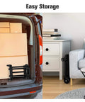 Foldable Luggage Cart for Travel & Moving stored compactly in a car trunk and next to a table, 290lbs Dolly Cart with Wheels, Foldable Hand Truck with Expandable Baseplate, Sturdy & Lightweight, Easy to Store.