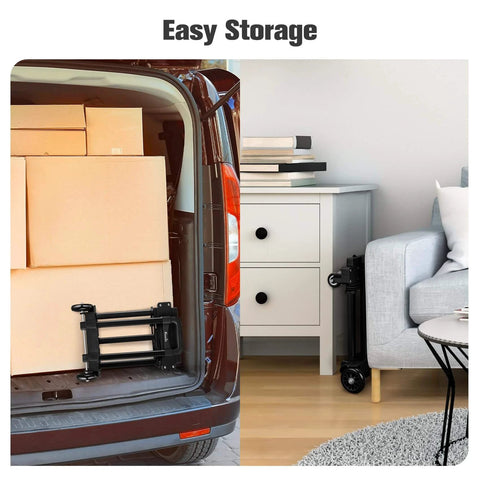 Foldable Luggage Cart for Travel & Moving stored compactly in a car trunk and next to a table, 290lbs Dolly Cart with Wheels, Foldable Hand Truck with Expandable Baseplate, Sturdy & Lightweight, Easy to Store.