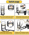 Instructions for using the ✝️ Upgraded 3 in 1 Folding Hand Truck, 600lbs Capacity, showing switch operations for vertical, retractable, and folding modes.