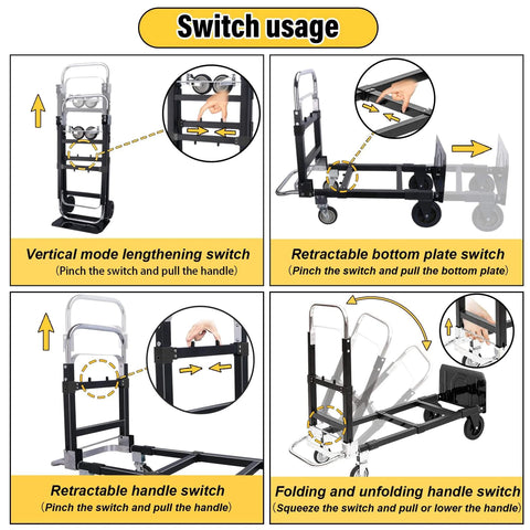 Instructions for using the ✝️ Upgraded 3 in 1 Folding Hand Truck, 600lbs Capacity, showing switch operations for vertical, retractable, and folding modes.