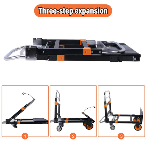 Three-step expansion of Upgraded 3 in 1 Folding Hand Truck, 500lbs Capacity Heavy Duty Convertible Dolly cart with Rubber Wheels