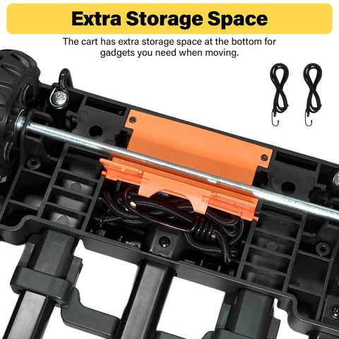 Bottom view of Folding Hand Truck 500 LB showing extra storage space for gadgets, part of a portable heavy duty dolly cart with 4 wheels.