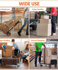 ✝️ 3 in 1 Heavy Duty Folding Hand Truck demonstrating use in warehouse, cargo handling, baggage handling, and grocery shopping settings.