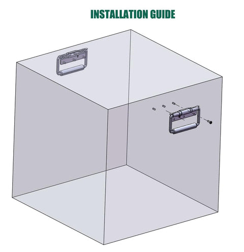 Installation guide showing 5.15 Inch Heavy Duty Folding Handle With Rubber Grip Spring Loaded 3 Mounting Holes on a storage box