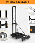 Diagram of folding heavy duty hand truck 500 lb luggage cart with 6 wheels, telescoping handle, and elastic ropes