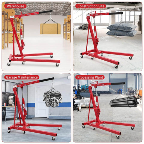 Heavy Duty 2 Ton Folding Hydraulic Engine Hoist with Load Leveler and Adjustable Boom, 6 Swivel Wheels, 4400 lbs Capacity in Various Settings