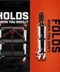 Heavy Duty Folding Jobsite Cart With Three Shelves And 300 Lb Capacity No Assembly Required Pro Grade Tradesman Utility Cart Crescent SiteRunner F3SCBL With 100 Lb Per Shelf Capacity And T Channel Accessory Rail For Easy Tool Attachment, shown front and folded view.