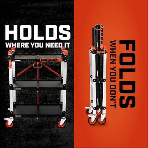 Heavy Duty Folding Jobsite Cart With Three Shelves And 300 Lb Capacity No Assembly Required Pro Grade Tradesman Utility Cart Crescent SiteRunner F3SCBL With 100 Lb Per Shelf Capacity And T Channel Accessory Rail For Easy Tool Attachment, shown front and folded view.