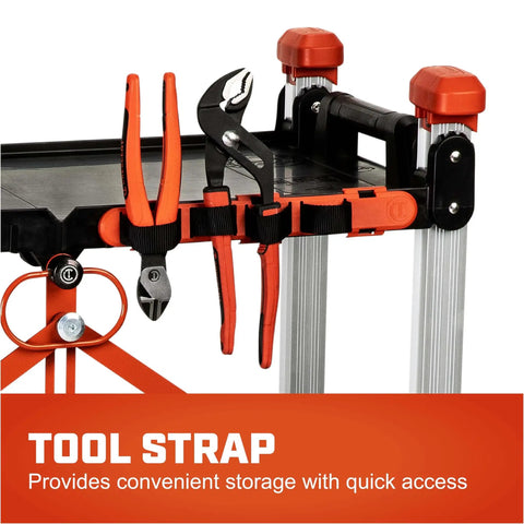 Heavy Duty Folding Jobsite Cart With Three Shelves And 300 Lb Capacity No Assembly Required Pro Grade Tradesman Utility Cart Crescent SiteRunner F3SCBL tool strap shown