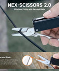 Close-up of NEX-Scissors 2.0, an 11-in-1 folding multitool with serrated blade cutting a cable, showcasing practical use in outdoor settings.
