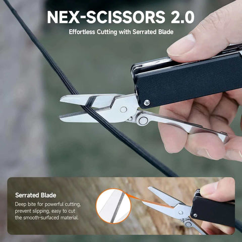 Close-up of NEX-Scissors 2.0, an 11-in-1 folding multitool with serrated blade cutting a cable, showcasing practical use in outdoor settings.