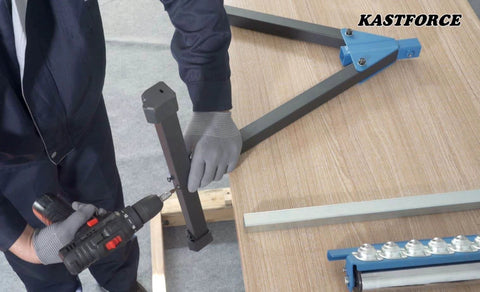 Person assembling ✝️ 2 of Folding Roller Stand, Height Adjustable, Heavy Duty 300 LB Load Capacity Each, Outfeed Woodworking, Twin Pack