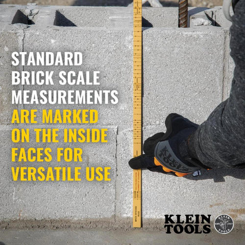 Folding Ruler 6-Foot Fiberglass With Brick Scale On Reverse And Outside Reading One Sixteenth Inch Graduation in use on masonry wall