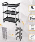 Pack N Roll Folding Collapsible Service Cart With 150 Lb Capacity, Locking Mechanism For Stability, Three Ergonomic Shelves, Black