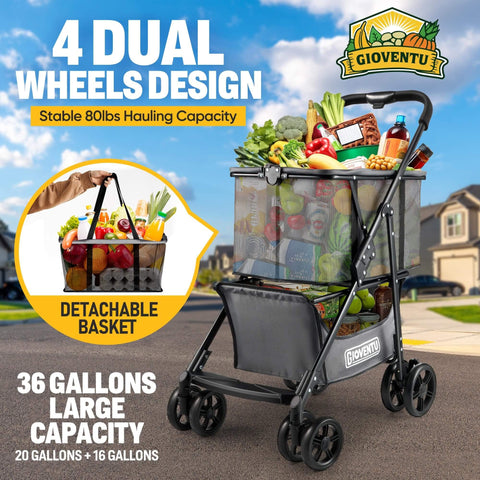 Upgraded 36 Gallon Folding Shopping Cart With Wheels For Groceries And More, 80lb Capacity, 360 Degree Wheel Mobility, Removable Tote Bag