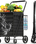 Beefy Folding Shopping Cart With 5.0 Cu Ft Capacity 480 Lb Load 360 Degree Braked Swivel Wheels Dual Basket System Removable Waterproof Liner With Lid For Laundry Or Grocery Hauls loaded with groceries, side view showing foldable design.