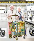 Elderly couple using Beefy Folding Shopping Cart With 5.0 Cu Ft Capacity 480 Lb Load 360 Degree Braked Swivel Wheels Dual Basket System