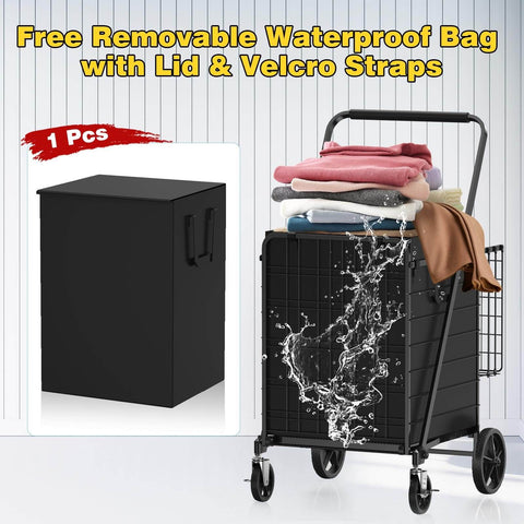 Beefy Folding Shopping Cart With 5.0 Cu Ft Capacity 480 Lb Load featuring dual baskets and a removable waterproof liner with lid