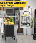 Beefy Folding Shopping Cart With 5.0 Cu Ft Capacity 480 Lb Load shown folded and in use for carrying groceries