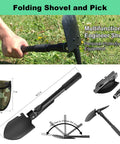 Multifunctional folding shovel and pick set, black with serrated edge, camo pouch, ideal for gardening and outdoor use.