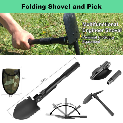 Multifunctional folding shovel and pick set, black with serrated edge, camo pouch, ideal for gardening and outdoor use.
