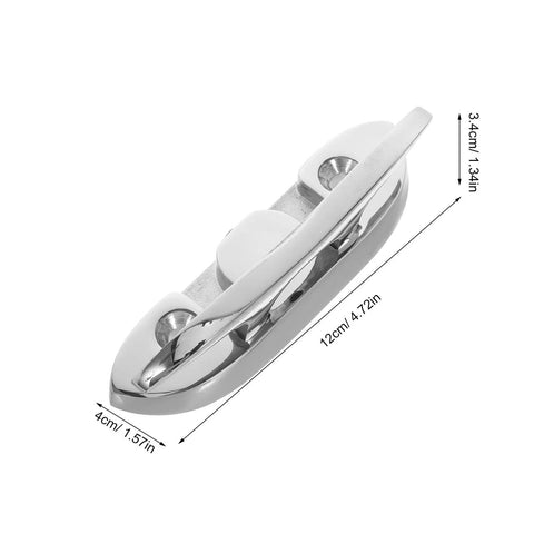Side view of folding boat cleat, marine-grade stainless steel, 12 cm long (4.7 in) for mooring.